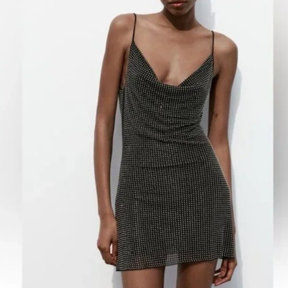 Zara Black Shiny Tulle Rhinestone Appliqués Short Dress